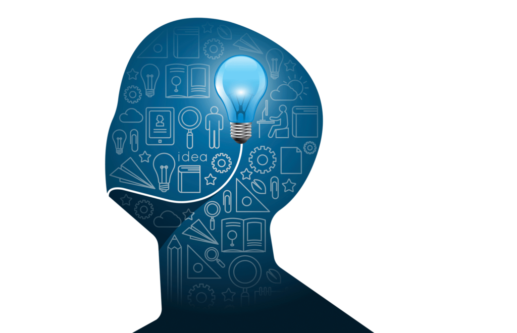 head silhouette with lightbuld and ideas in the background