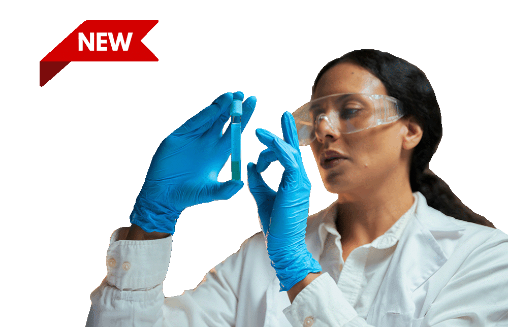 lab woman looking at vial