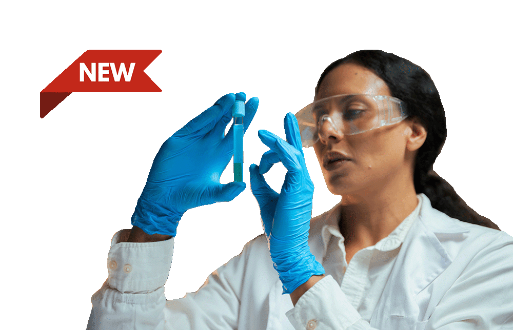lab woman looking at vial